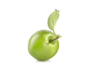 Photo of Fresh green apple with leaf isolated on white