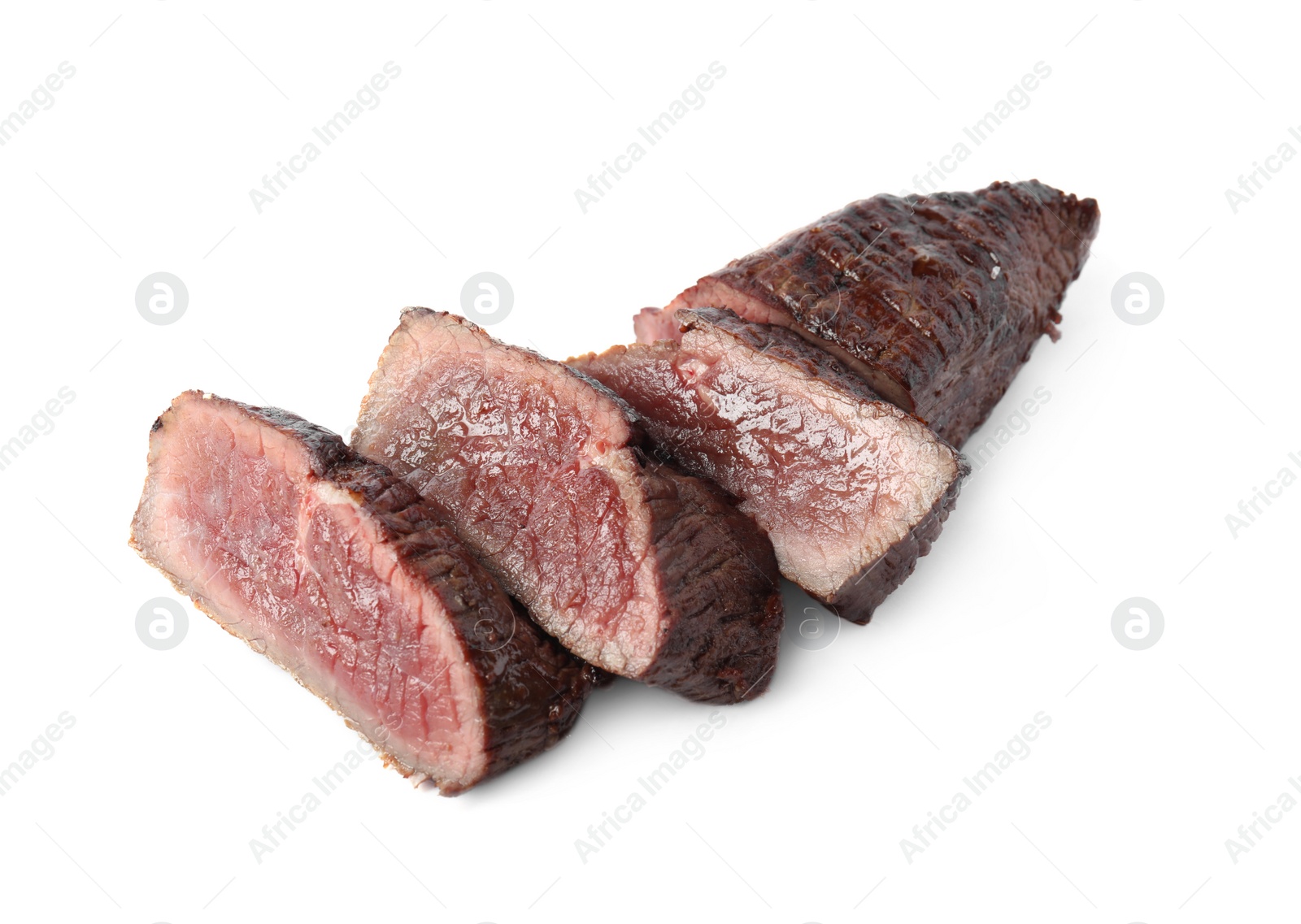 Photo of Delicious sliced beef tenderloin isolated on white