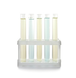 Photo of Holder with test tubes on white background. Laboratory analysis