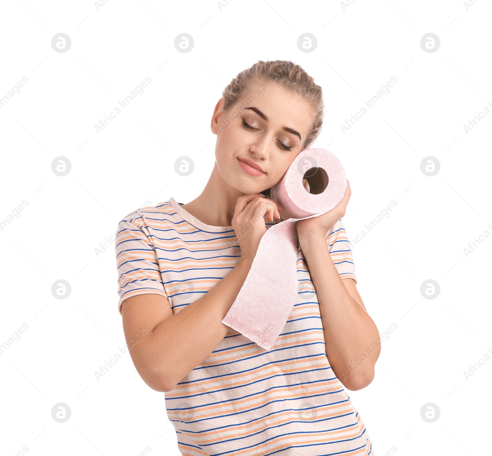 Photo of Beautiful woman holding toilet paper roll on white background