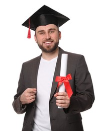 Photo of Happy student with graduation hat and diploma on white background