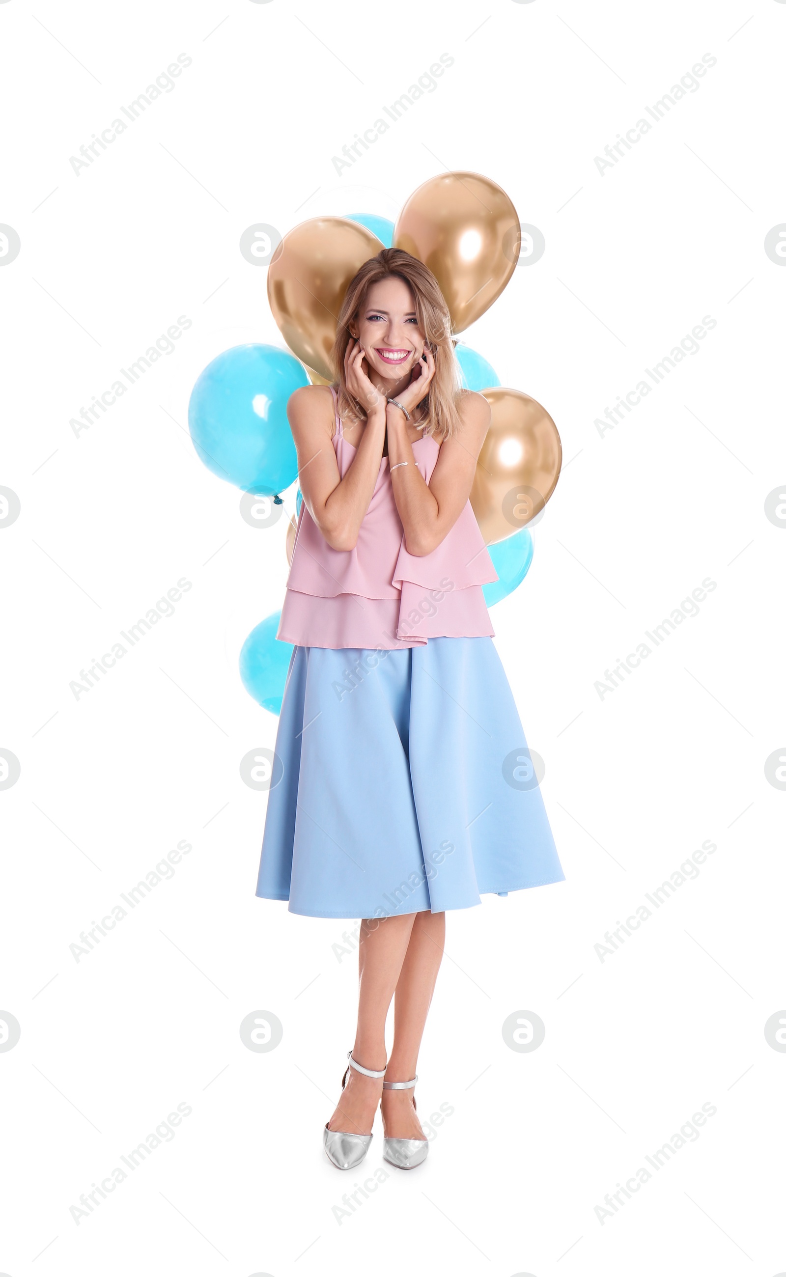 Photo of Young woman with air balloons on white background