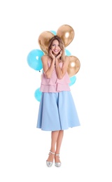 Photo of Young woman with air balloons on white background