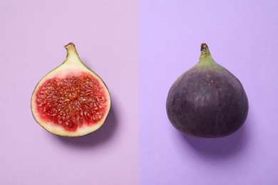 Photo of Flat lay composition with ripe fig fruits on color background