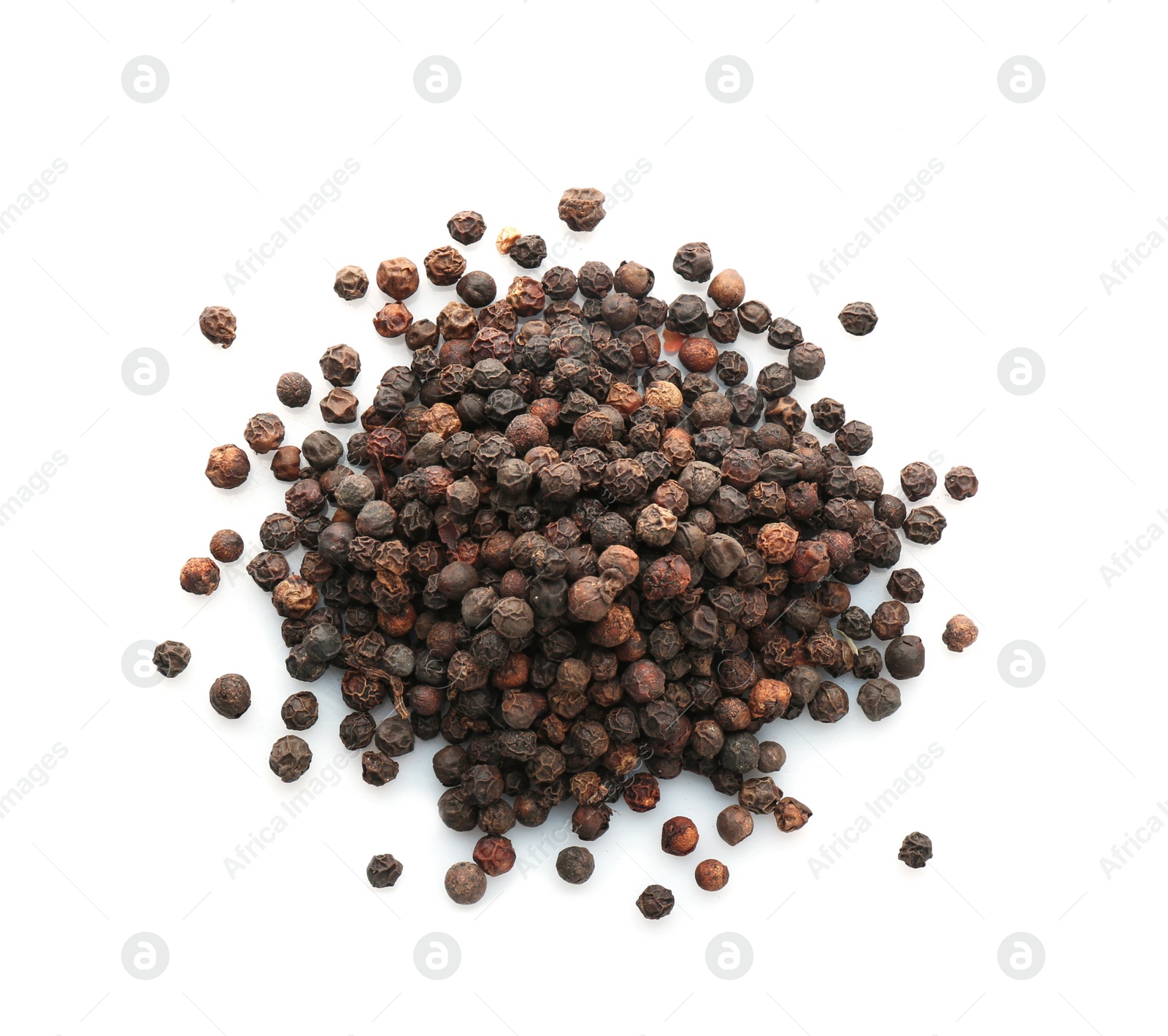 Photo of Black pepper grains on white background, top view. Natural spice