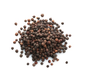 Photo of Black pepper grains on white background, top view. Natural spice