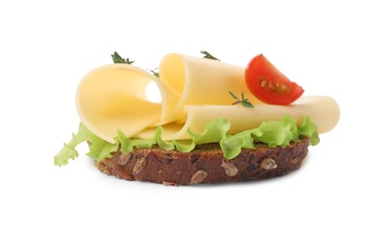 Tasty sandwich with slices of fresh cheese, tomato, thyme and lettuce isolated on white