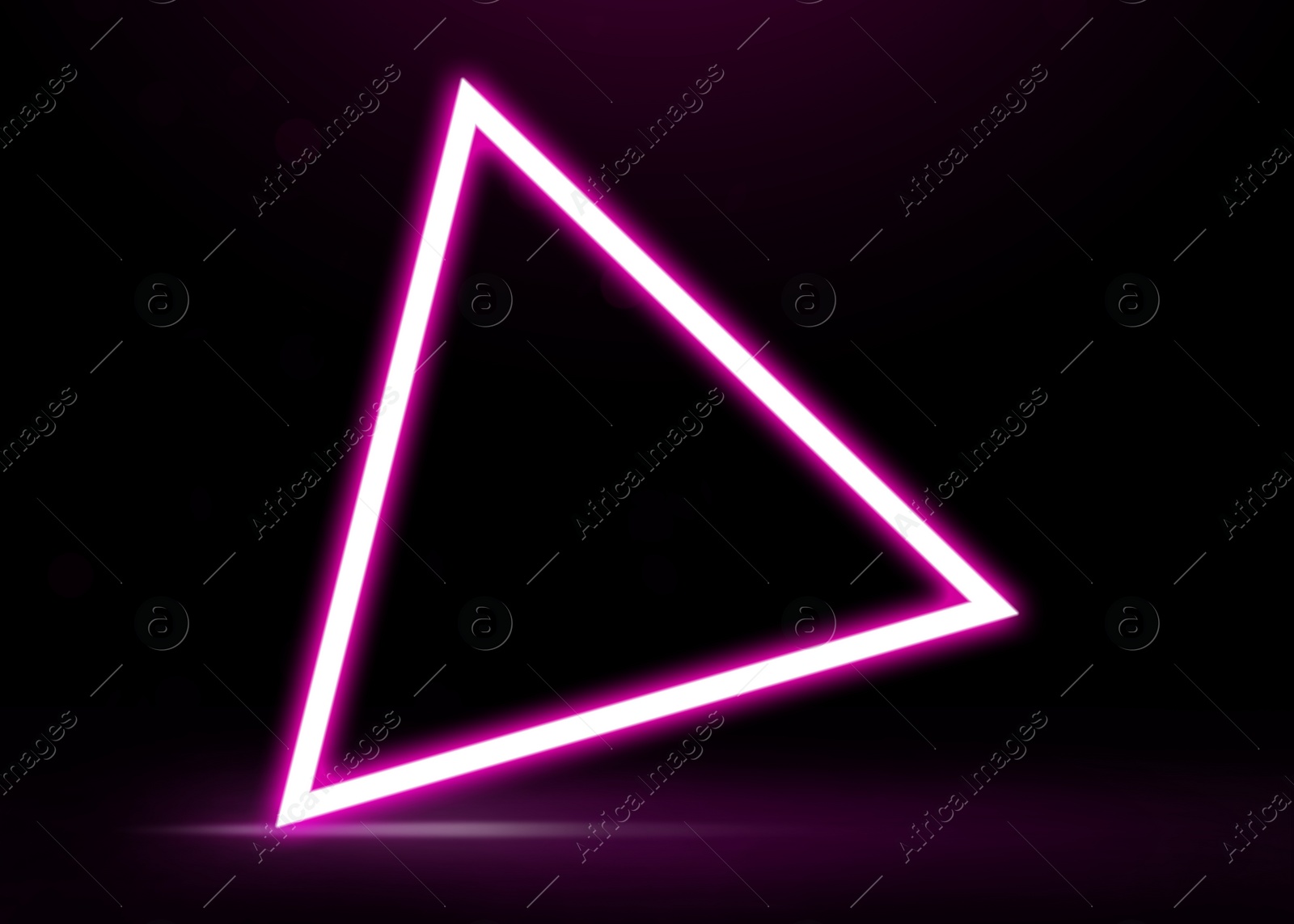 Illustration of Glowing triangle pink neon frame on black background, space for text