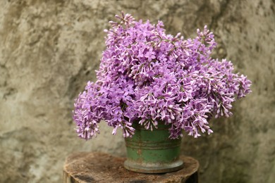 Photo of Beautiful lilac flowers in bucket on wooden stump