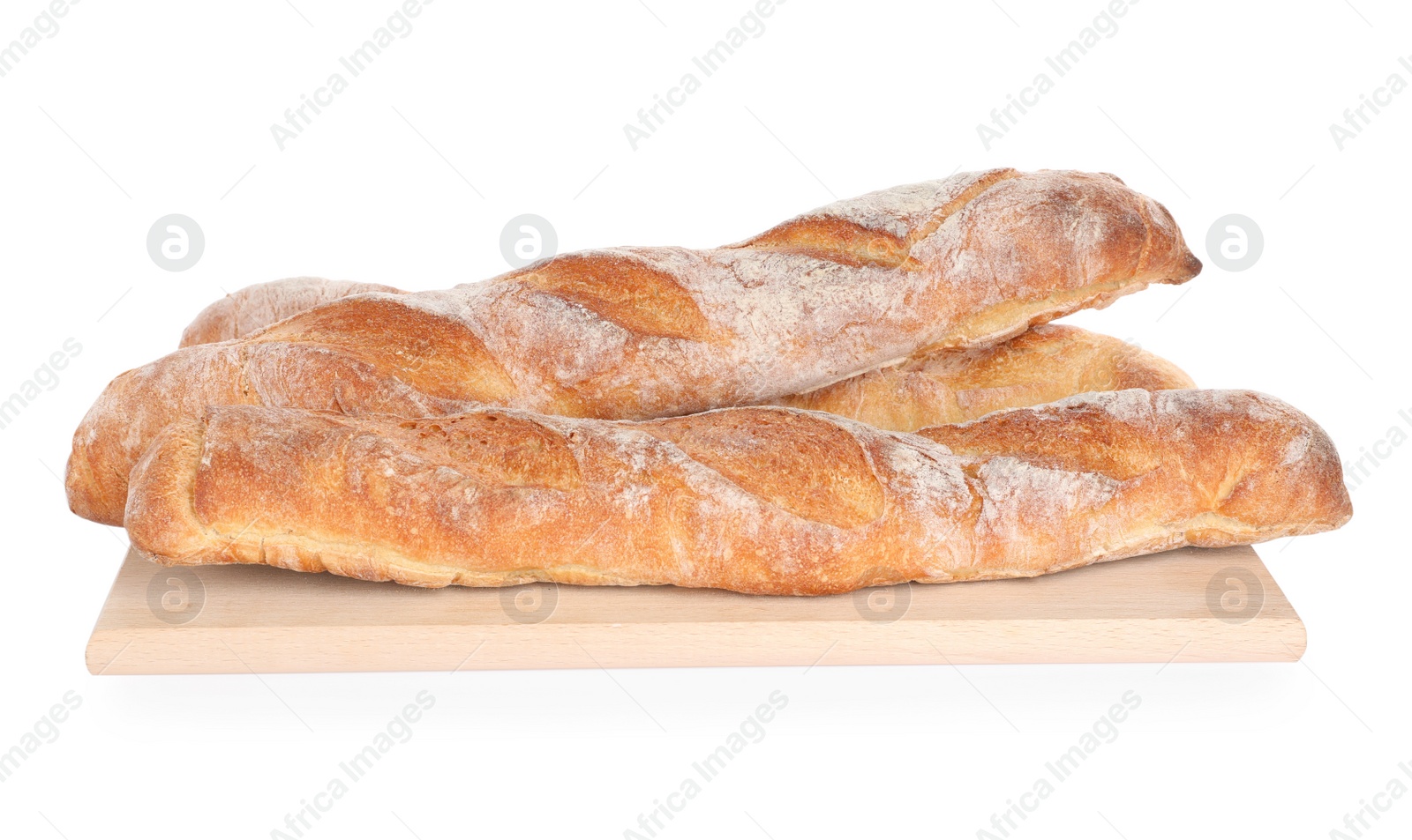 Photo of Crispy French baguettes on white background. Fresh bread