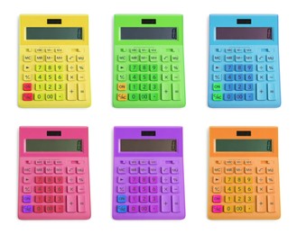 Image of Set with multicolored calculators on white background, top view