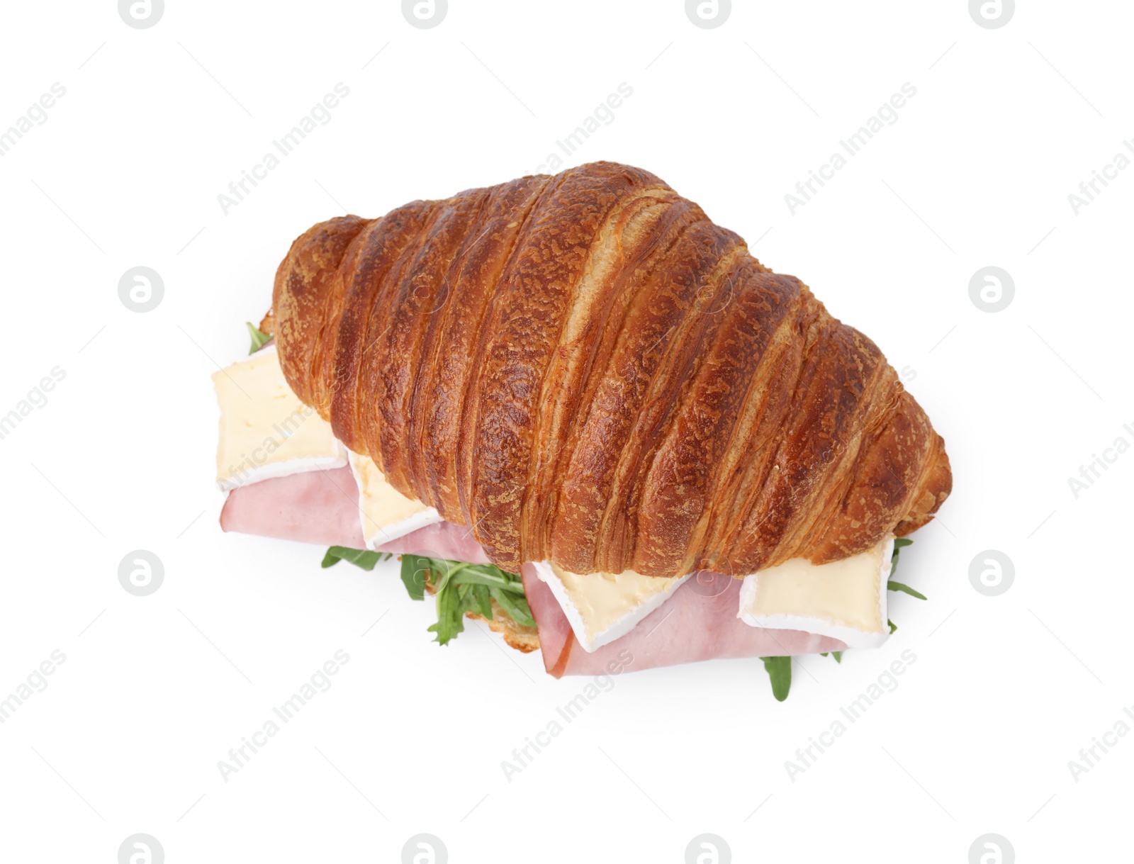 Photo of Tasty croissant with brie, ham and arugula isolated on white, top view