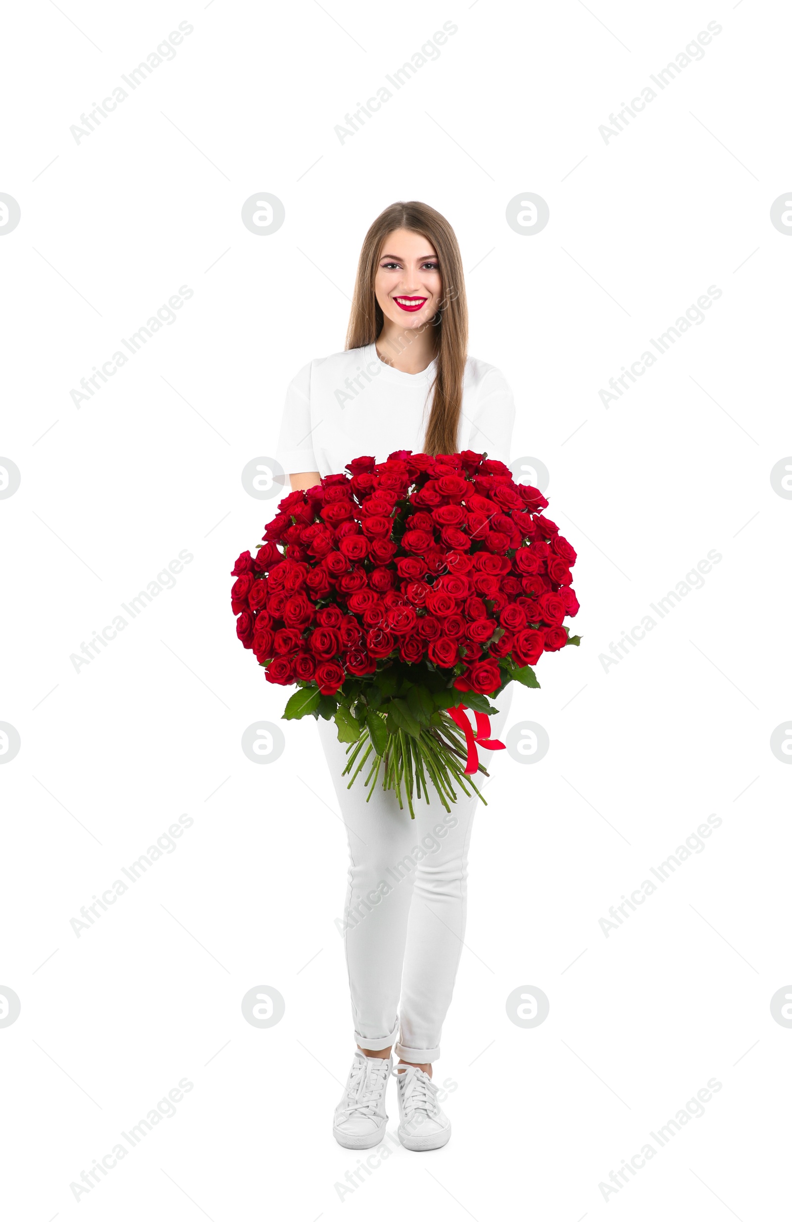 Photo of Full length portrait of beautiful woman with bouquet of roses on white background