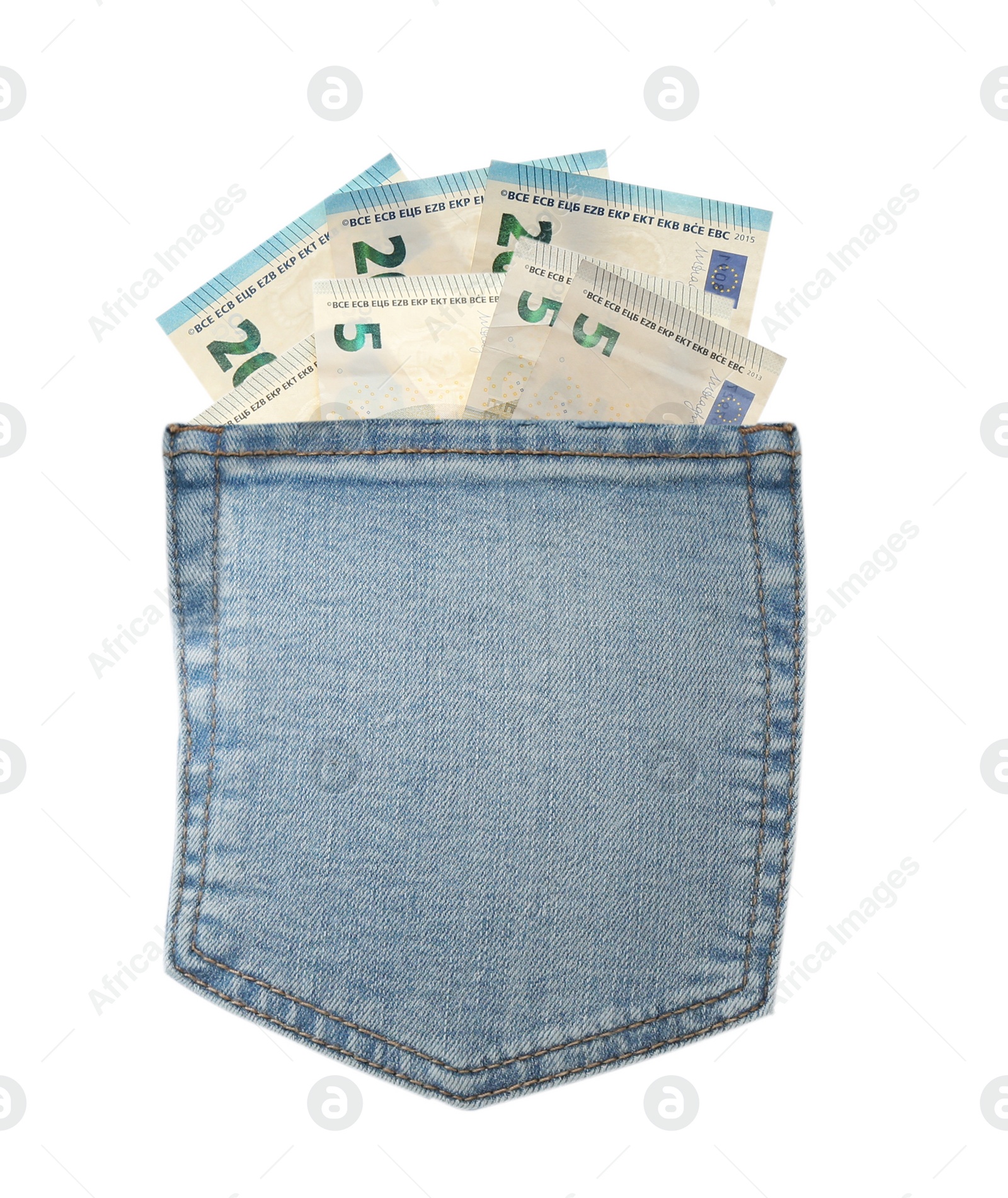 Image of Jeans pocket and euro banknotes isolated on white. Spending money