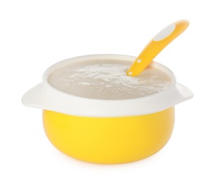 Photo of Healthy baby food in bowl on white background