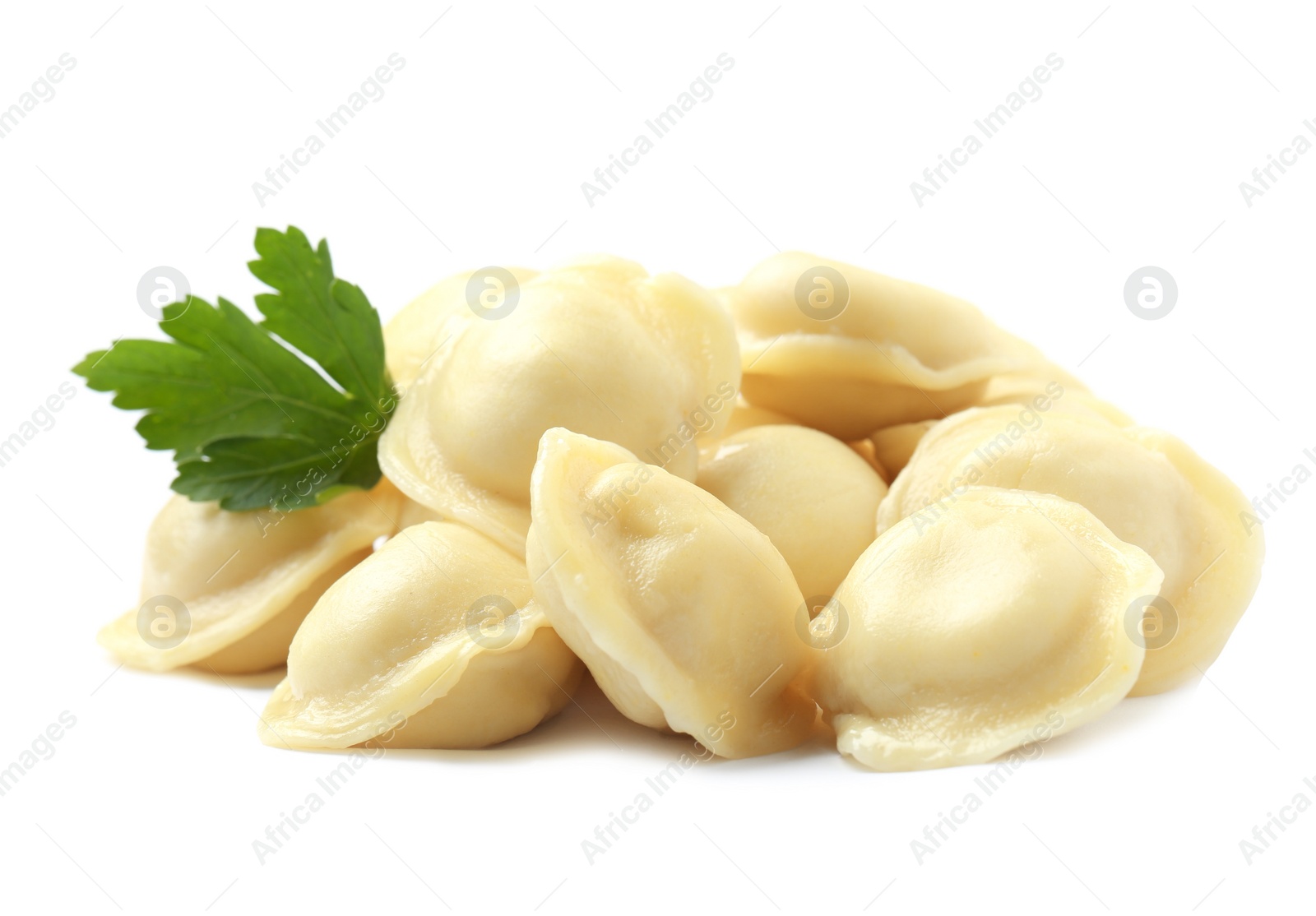 Photo of Boiled dumplings with parsley on white background