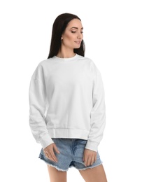 Photo of Portrait of young woman in sweater isolated on white. Mock up for design