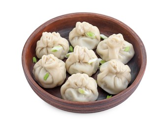 Tasty fresh khinkali (dumplings) with onion isolated on white. Georgian cuisine