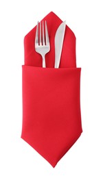 Photo of Red napkin with silver fork and knife isolated on white, top view. Cutlery set
