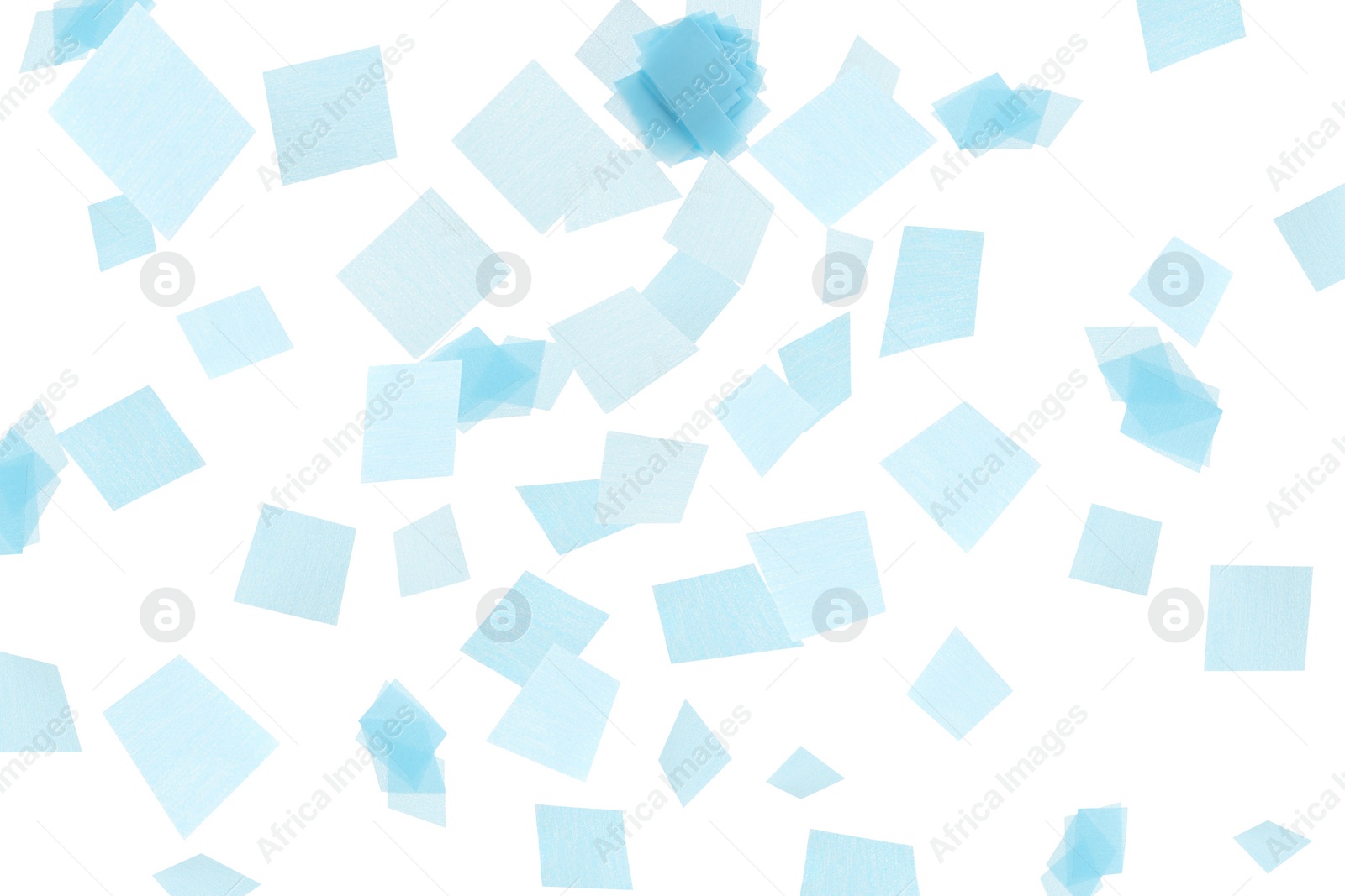 Image of Bright confetti falling on white background. Party supply