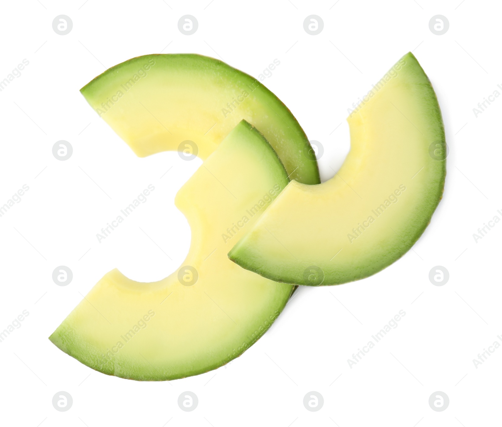 Photo of Slices of tasty ripe avocado on white background, top view