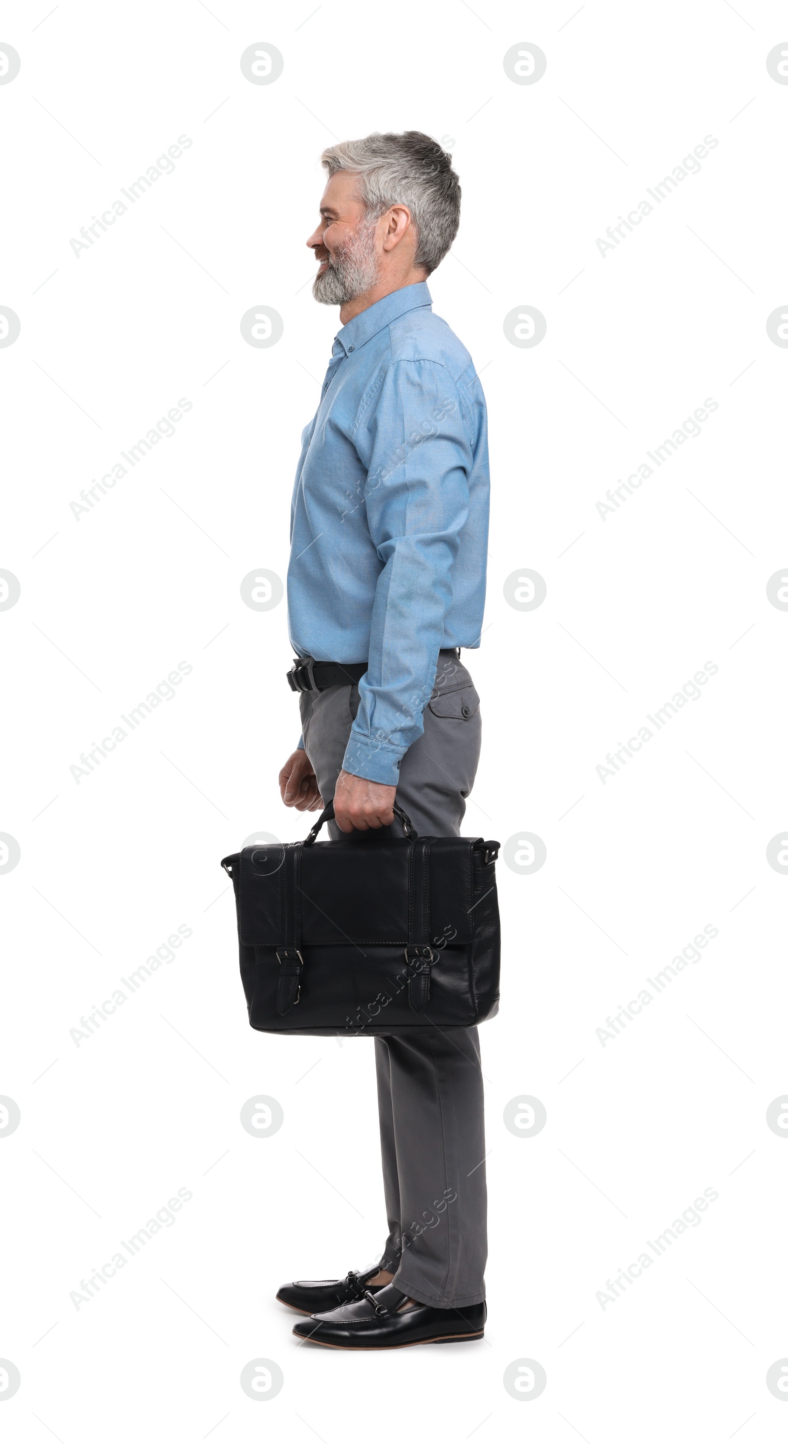 Photo of Mature businessman in stylish clothes with briefcase on white background