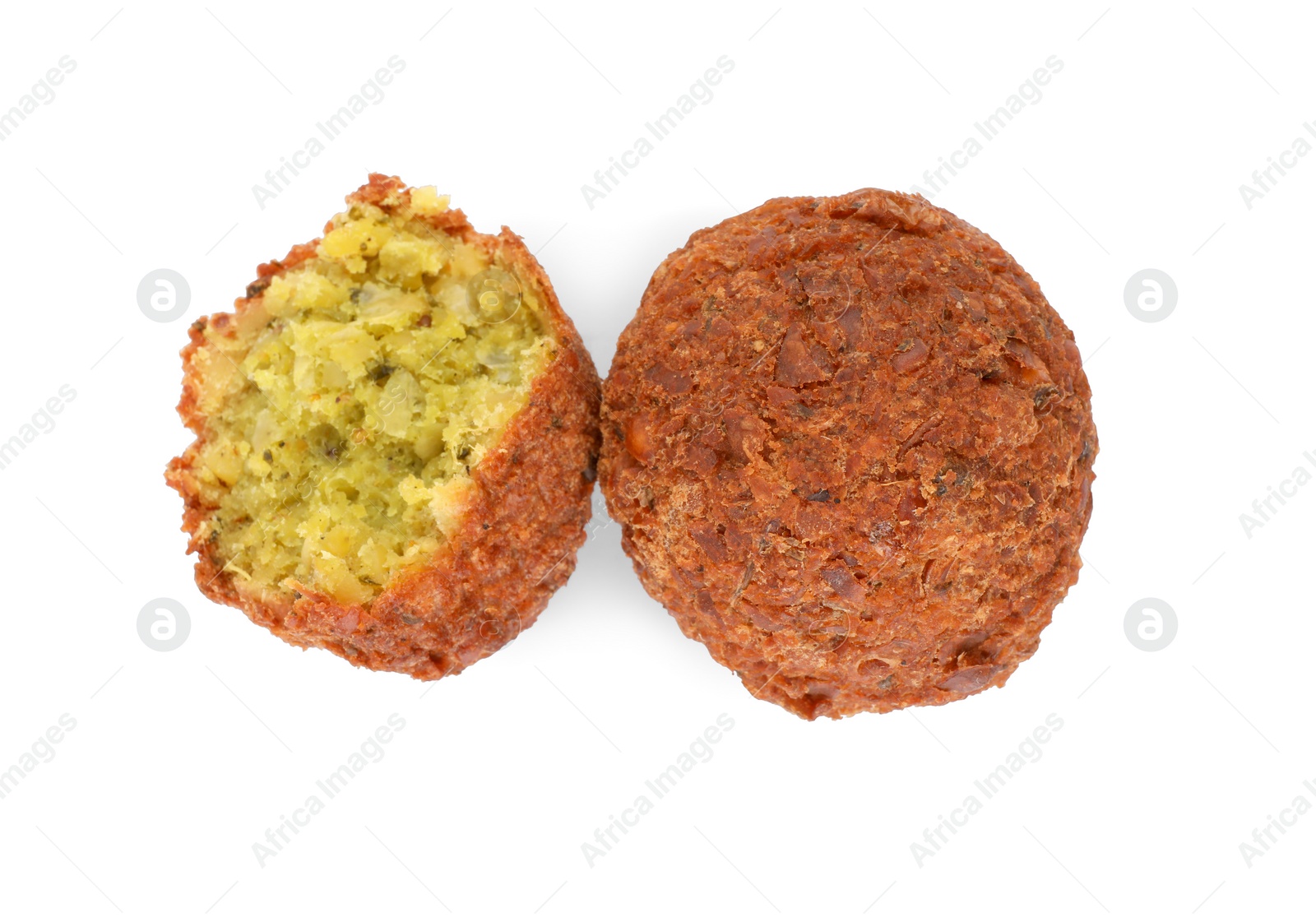 Photo of Delicious falafel balls on white background, top view. Vegan meat products