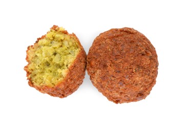 Delicious falafel balls on white background, top view. Vegan meat products