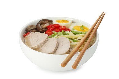 Photo of Delicious ramen with meat in bowl and chopsticks isolated on white. Noodle soup