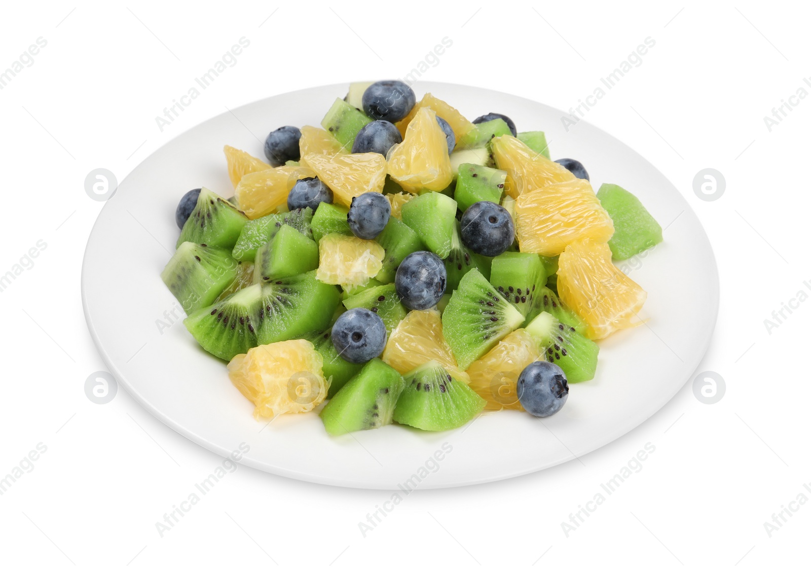 Plate of tasty fruit salad isolated on white Photo of Plate of tasty fruit salad isolated on white