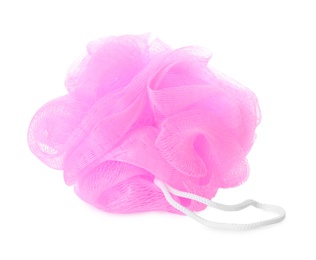 Photo of New pink shower puff isolated on white