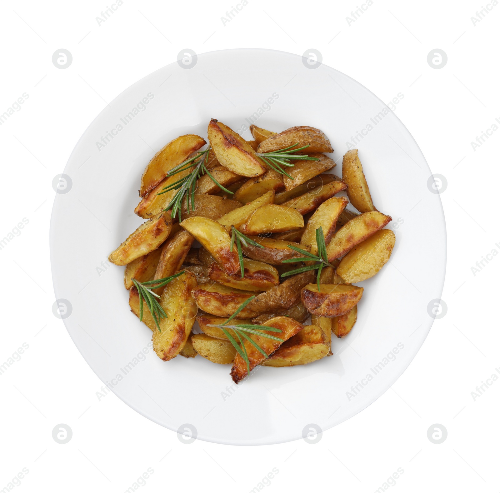 Delicious baked potatoes with rosemary isolated on white, top view Photo of Delicious baked potatoes with rosemary isolated on white, top view
