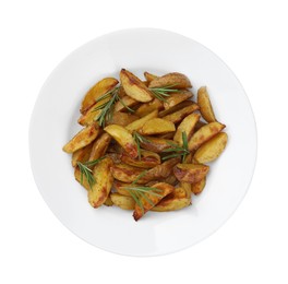 Photo of Delicious baked potatoes with rosemary isolated on white, top view