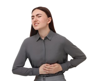 Photo of Woman suffering from stomach pain on white background