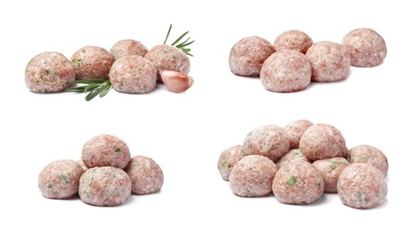 Image of Set with fresh raw meatballs on white background 