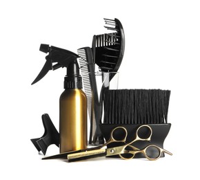 Photo of Set of professional hairdresser tools isolated on white