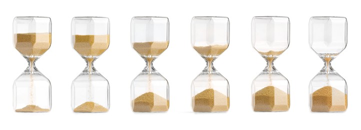Image of Passage of time. Hourglass with flowing sand on white background, collage