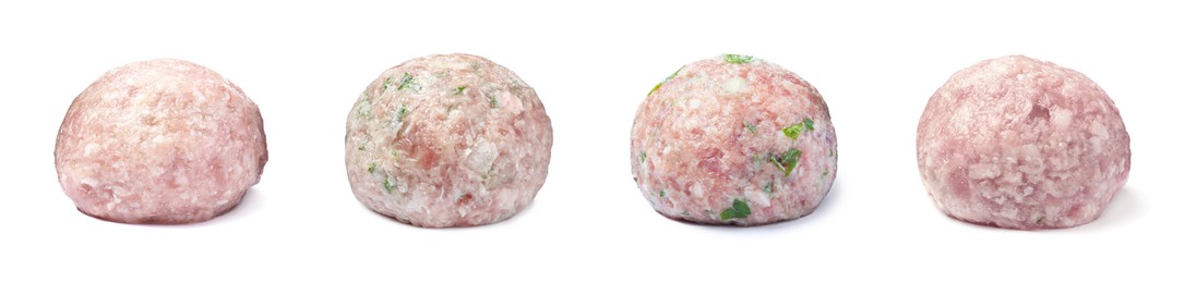 Image of Set with fresh raw meatballs on white background. Banner design