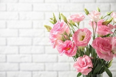 Photo of Eustoma flowers near white brick wall, space for text