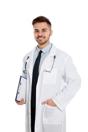 Photo of Portrait of medical doctor with clipboard and stethoscope isolated on white