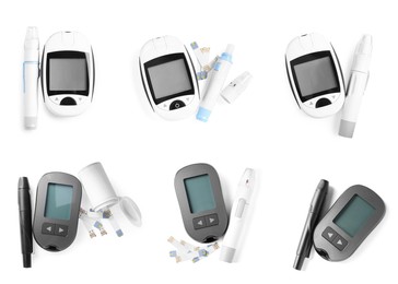 Image of Set with digital glucometers, lancet pens and test strips on white background, top view. Diabetes control