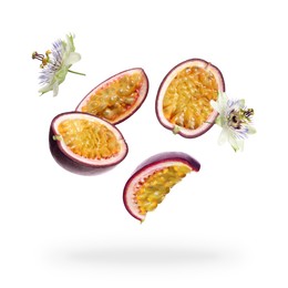 Image of Tasty passion fruits and passiflora flowers falling on white background