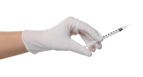 Photo of Doctor holding medical syringe on white background, closeup