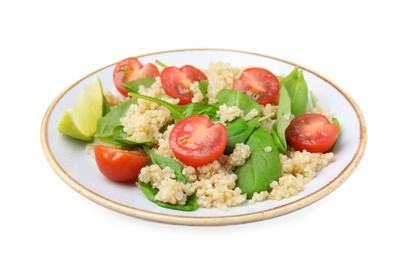 Photo of Plate of delicious quinoa salad with tomatoes and spinach leaves isolated on white