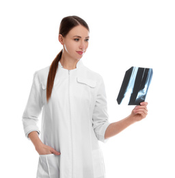 Photo of Orthopedist holding X-ray picture on white background