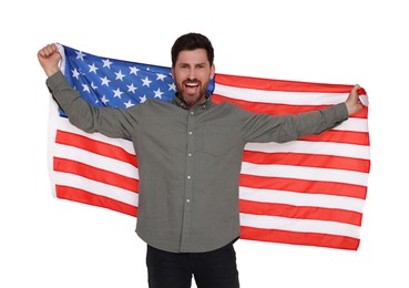 Image of 4th of July - Independence day of America. Happy man holding national flag of United States on white background