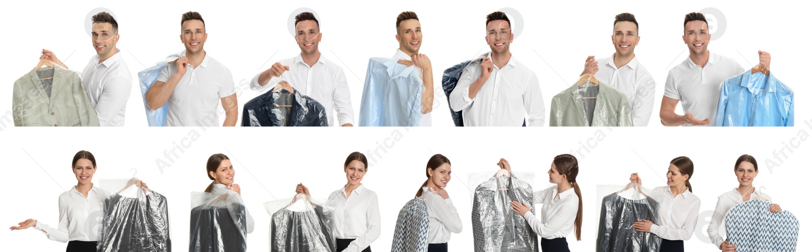 Image of Collage of people holding hangers with clothes on white background. Dry-cleaning service