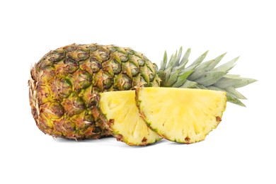 Photo of Whole and cut ripe pineapples isolated on white