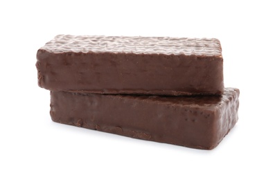 Photo of Delicious wafer sticks with chocolate coating isolated on white