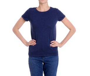 Photo of Young slim woman on white background, closeup. Weight loss